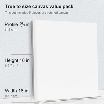PHOENIX Large Stretched Canvas for Painting 18x18 Inch/5 Value Pack, 8 Oz Triple Primed 5/8 Inch Profile 100% Cotton White Blank Canvas, Square Framed Canvas for Oil Acrylic & Pouring Art