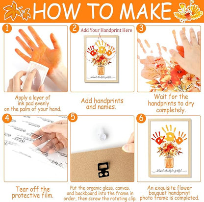 Fall Thanksgiving Flower Bouquet Handprint Art Craft DIY Kit Thanksgiving Day Family Handprint Bouquet in Vase Keepsake with Wood Frame Fall Thankful DIY Gifts for Mom Dad Holiday Birthday 12x16 Inch