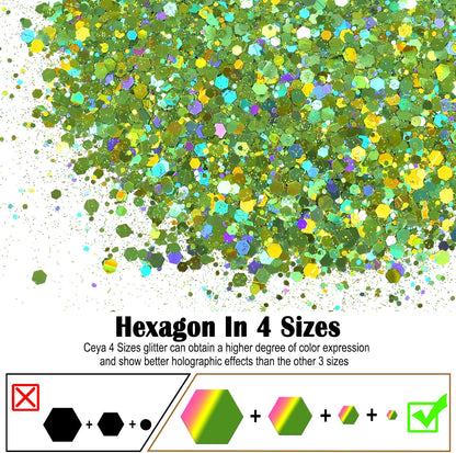 Ceya Holographic Chunky Glitter, 4.9oz/ 140g Light Green Craft Glitter Powder Mixed Chunky & Fine Flakes Iridescent Nail Sequins for St Patricks Day Party Decor, Epoxy Resin, Tumblers, Slime, Painting