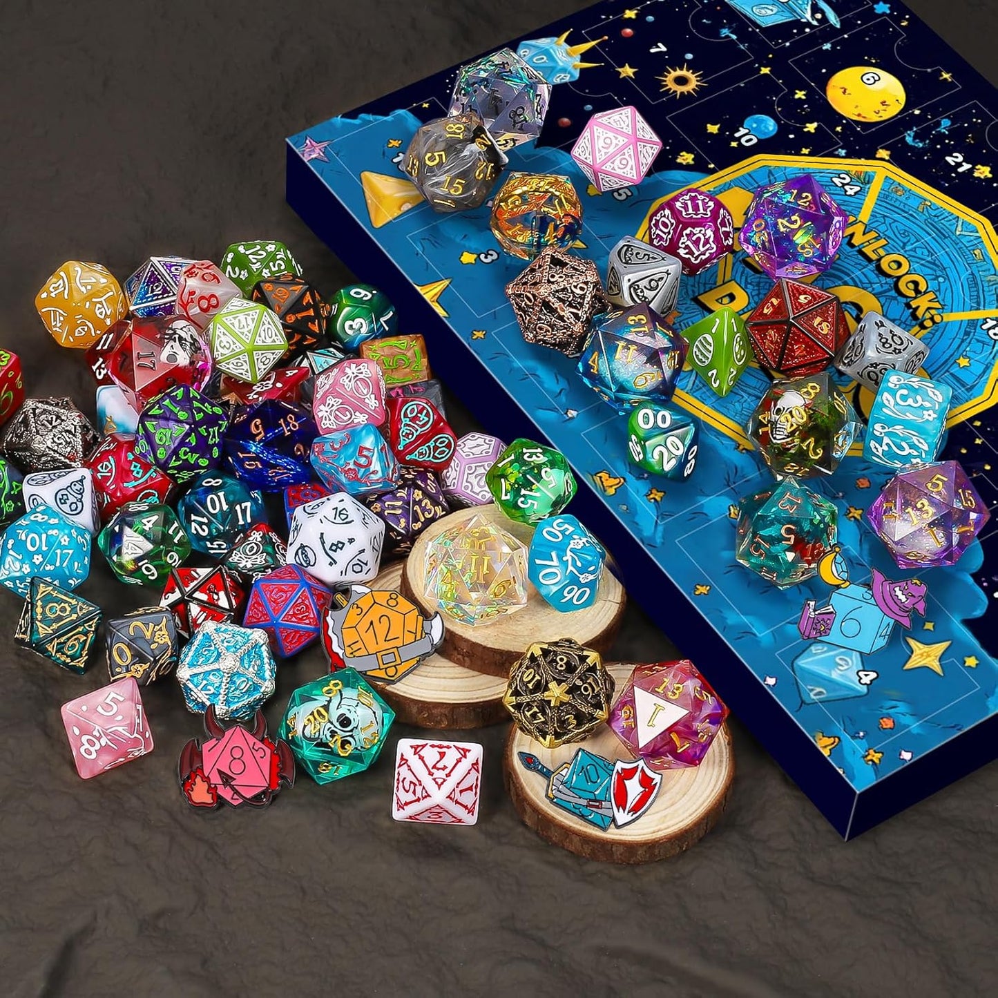 QMAY Polyhedral Dice - 24 Pcs Mystery Dice Box, Random Styles Dice & Pins Badges, Bulk DND Dice, Dice Advent Calendar, D&D Gifts, Great for Dungeons and Dragons, RPG, MTG,Role Playing Table Game