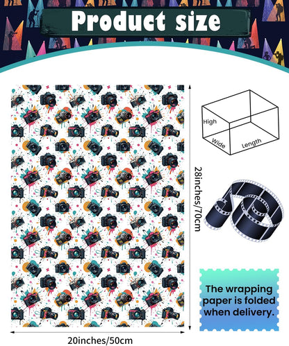 Pineraap 12 Sheets Photographer Wrapping Paper, Photography Gift Wrap Paper with Equipment, Camera, Photos & Scenes, Folded Flat Art Paper for Birthday DIY Crafts, 19.7 x 27.6 Inch (B)