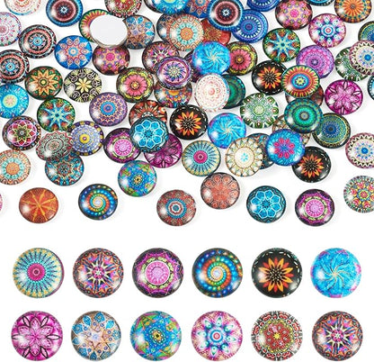 Craftora 100Pcs Flower Printed Glass Cabochons for Jewelry Making, Mixed Color Half Round Cameo Dome Tiles Mosaic Printed Flatback Dome Cabochons for Photo Cameo Pendant Scrapbooking DIY Crafts