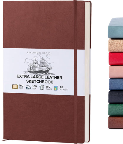 Beechmore Books A3 Sketchbook – 11.7x16.5 Premium Vegan Leather Bound Large Sketch Book Hardcover with 160 Thick 160gsm Perforated Ivory Pages, Blank Sketch Pad Gift Boxed Back Pocket Ribbon Bookmark - Crafty Corner