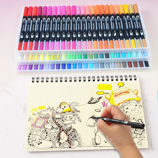 72 Colors Dual Tip Markers Set, Water-Based Ink Brush & Chisel Double Tipped Art Markers for Kids Adults Beginners & Artists in Sketching, Coloring, Note-taking