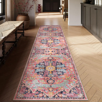Lahome Boho 2'8"x10' Washable Hallway Kitchen Runner Rugs with Rubber Backing, Bohemian Non-Slip Soft Kitchen Runners, Non-Shedding Faux Wool Stair Carpet Runner for Hall Bathroom, Fuchsia/Multi