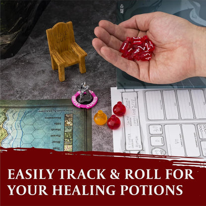 15 DND Healing Potion Tokens and Each Potion Level Has a Color Matching D4 Dice Set to Easily Track & Roll for Your D&D Potions - Dungeons and Dragons Role Playing Gift RPG Accessories Markers