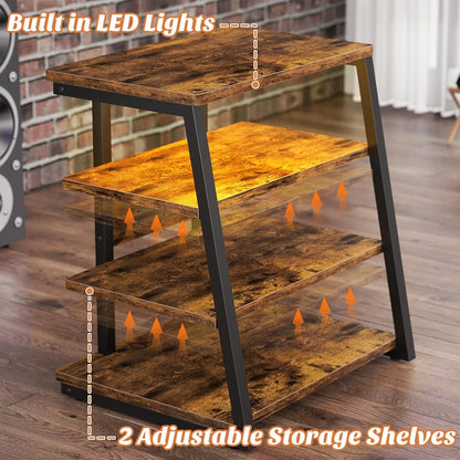 AV Media Stand with Outlets, Media Console with LED Lights, Stereo Racks and Stands with Storage Shelves, Media Audio Tower Cabinet, Rustic Brown