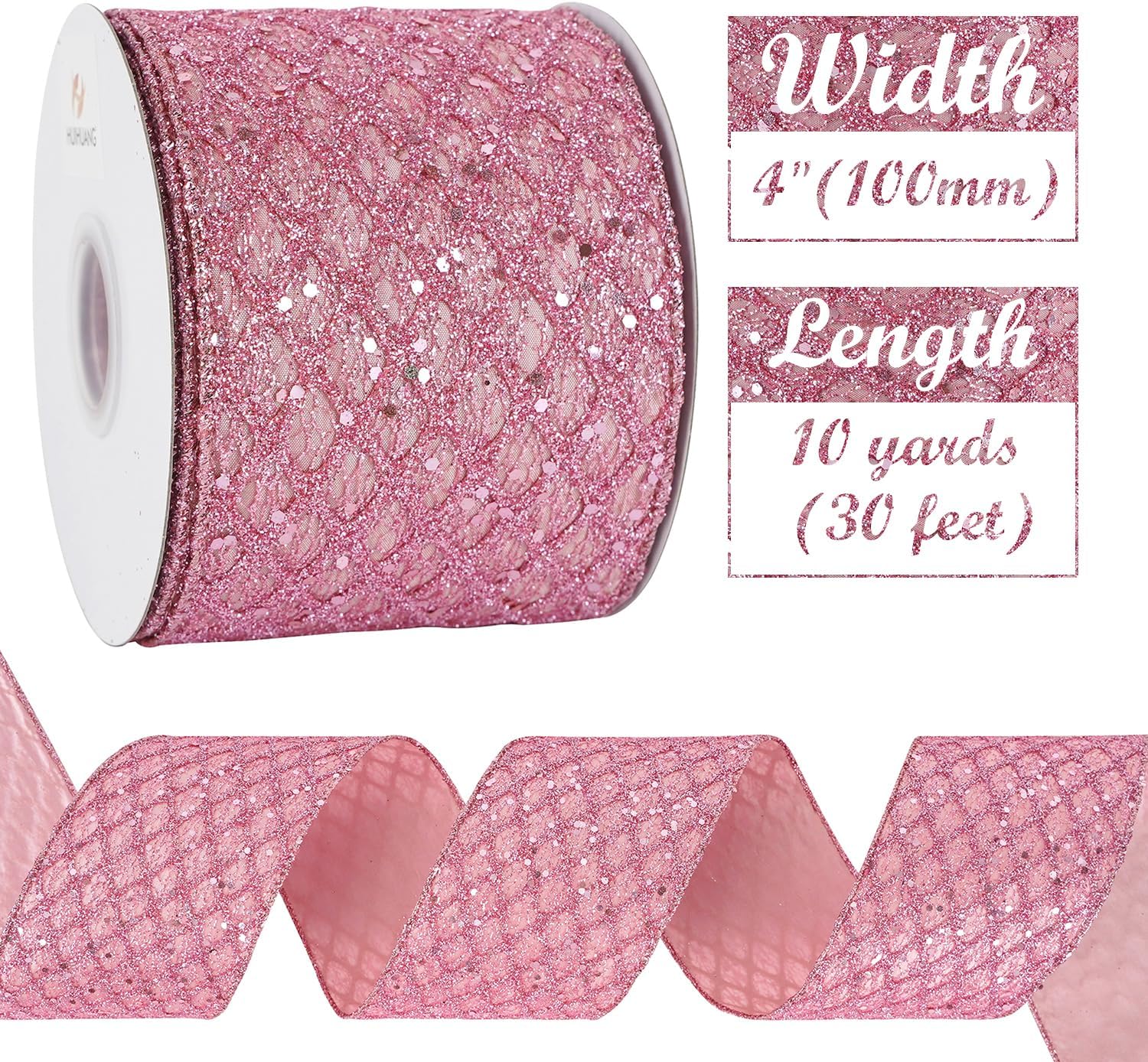 HUIHUANG Pink Wired Christmas Ribbon 4 inch Light Pink Glitter Wired Ribbon Diamond Mesh Wire Ribbon for X-mas Tree Decorations, Wreaths, Garland, Large Bows Making, Home Decor -10 Yards - Crafty Corner