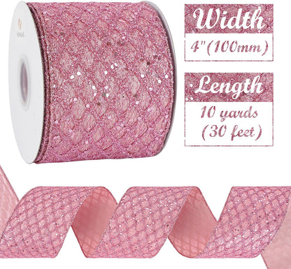 HUIHUANG Pink Wired Christmas Ribbon 4 inch Light Pink Glitter Wired Ribbon Diamond Mesh Wire Ribbon for X-mas Tree Decorations, Wreaths, Garland, Large Bows Making, Home Decor -10 Yards - Crafty Corner