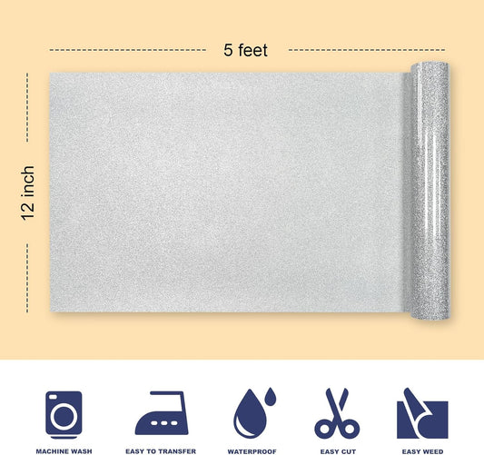 Silver Glitter HTV Heat Transfer Vinyl, 12" x 5ft lron on Vinyl, for T-Shirt Ironing, Vinyl HTV Easy to Cut and Weed, The Best Choice for DIY Creativity. (Silver, 12" x5ft)