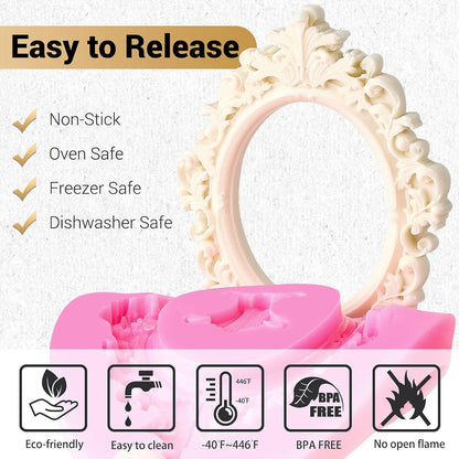 JOERSH 4PCS Baroque Frame Mold, Picture Photo Frames and Corners Silicone Fondant Mold for Cake Decorating, Cupcake Topper, Chocolate, Candy, Sugarcraft, Dessert Decor