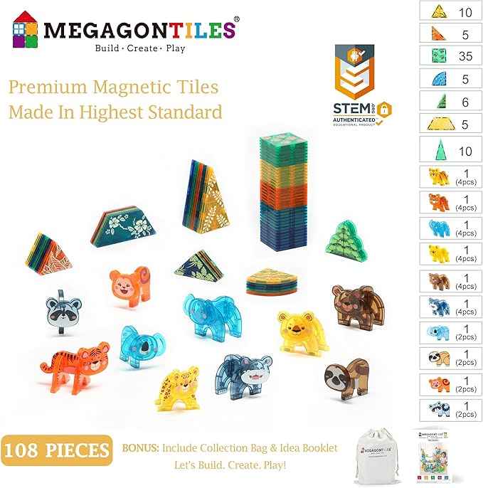 Zoo Animals Magnetic Tiles Set 108PCS | STEM-Authenticated Magnetic Building Blocks with Animal Figures | Educational Construction Toy for Toddlers & Kids Ages 3–8 (Boys & Girls)