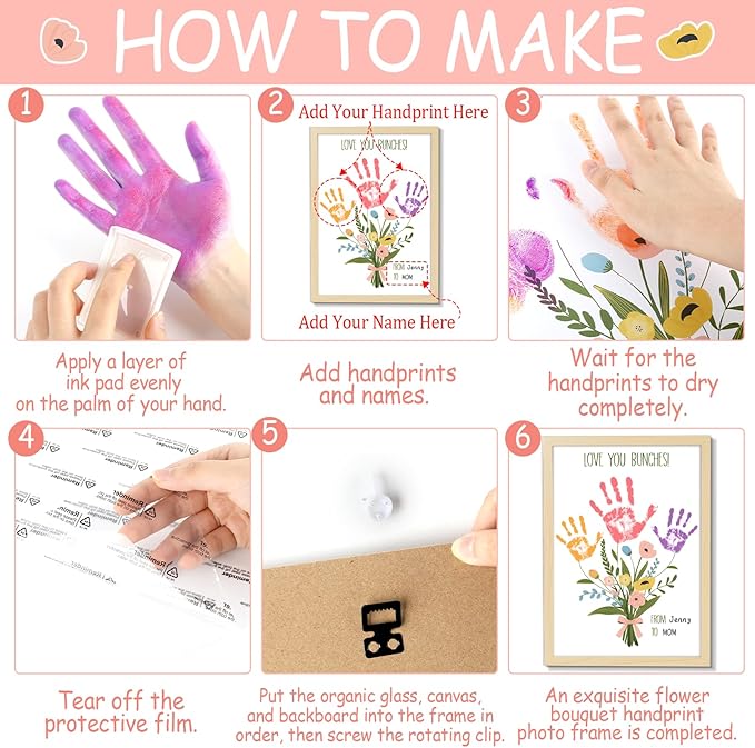 QOUBAI Colorful Flower Bouquet Handprint Art Craft DIY Kit Mother's Day Gifts From Daughter or Son Fun Family Handprint Keepsake with Wood Frame for Mom Grandma Birthday Christmas 12x16 Inch