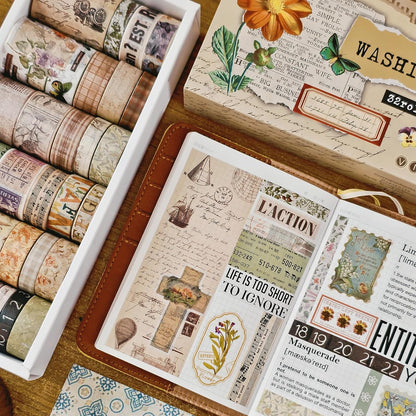 32 Rolls Vintage Washi Tape, Aesthetic Colored Decorative Cute Scrapbook Tape for Scrapbooking Supplies Journaling Craft Junk Journal