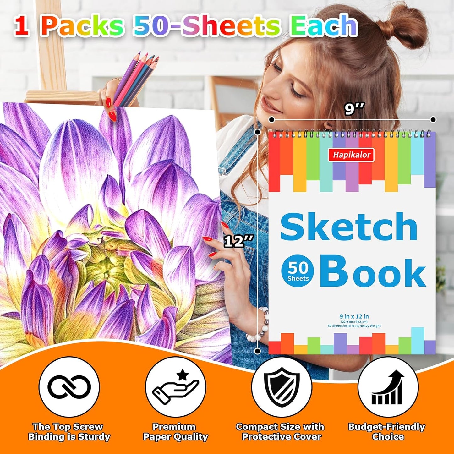 9" x 12" Sketch Book for Kids Adults, 1-Pack 50 Sheets Spiral Bound Art Sketchbook, Acid Free Artist Drawing Paper Pad for Beginners Artists, Kids Travel Essentials, Gifts for 6-14 Year Old Girl - Crafty Corner