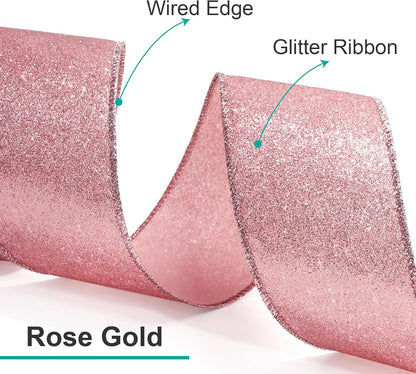 CT CRAFT LLC Glitter Wired Ribbon 1.5" x 10 Yards Rose Gold for Christmas Home Decor Bow Gift Wrapping DIY Crafts Wreath - Crafty Corner