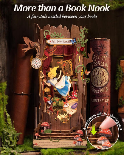 ROBOTIME Book Nook Kit, Fairy Tale Princess DIY Miniature House Kit, Fall into Wonder 3D Wooden Puzzle Bookends, Tiny House Bookshelf Decor Creative Decorative Unique Gifts for Adults & Teens