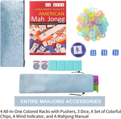 American Mahjong Game Set, 166 Light Green Tiles, Blue Bag with Entire Accessories, 4 All-in-One Rack/Pushers, Mahjong Tiles Set