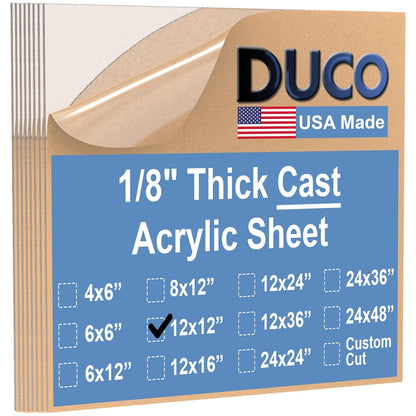 Duco USA-Made Clear Cast Acrylic Sheet 1/8 Inch Thick 12" x 12" - 8 Pack of Transparent Plexiglass Sheet - Lightweight Acrylic Board for Window Replacements, Displays, Signs, and More