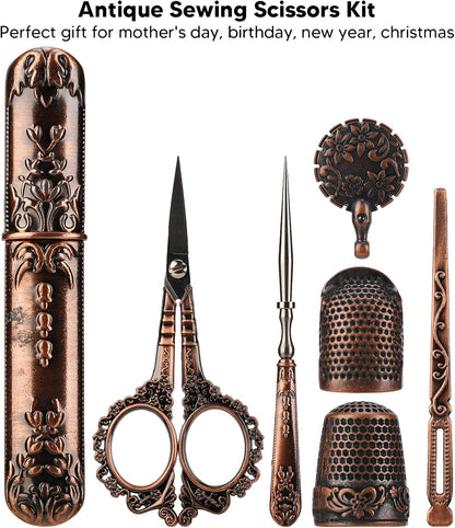 Pssopp Vintage Embroidery Scissors Set, Sewing Tool Kit with Sewing Needle Case Thimble Threader Complete Set for Embroidery and Needlework(Bronze)