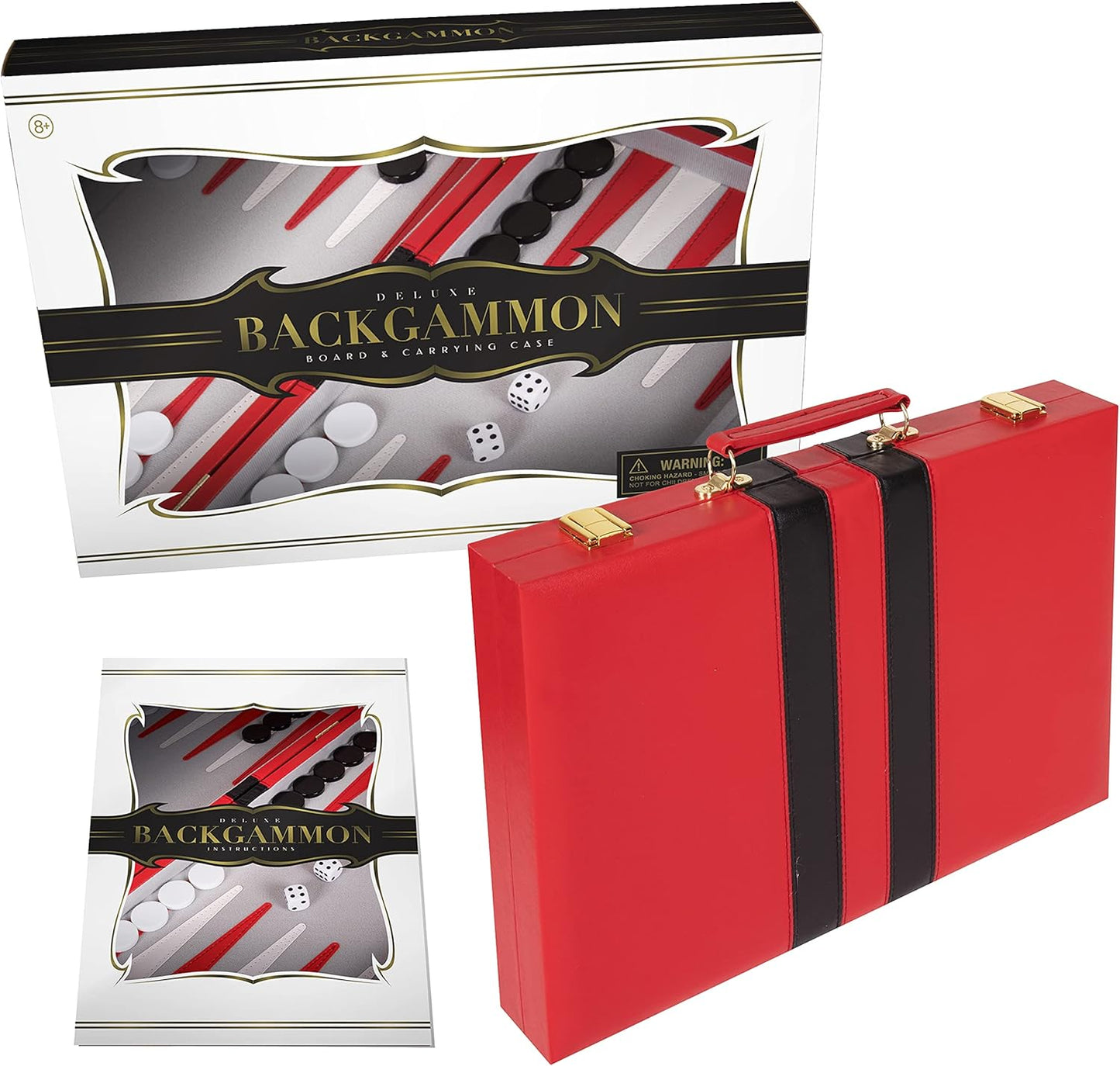 Backgammon Set 18 inch, Large - Classic Board Game for Adults and Kids with Premium Leather Case - Includes Strategy & Tip Guide (Red)