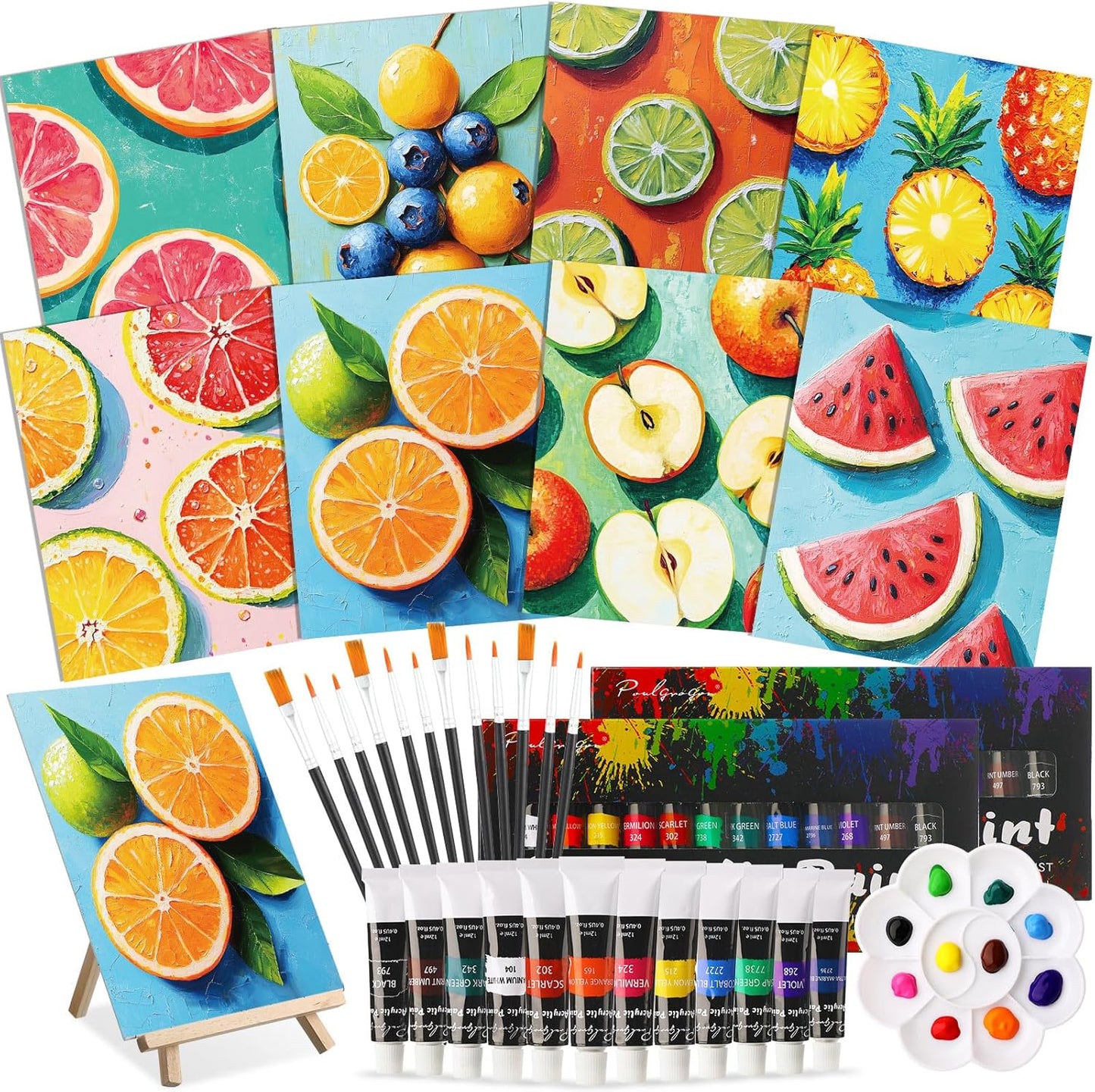Cholemy 36 Pcs Paint and Sip Kit for Adults 8''x10'' Pre Drawn Canvas for Painting DIY Afro Acrylic Painting Kit Wood Easel Brushes Date Night Bulk for Christmas Party Gifts(Colorful Fruits) - Crafty Corner