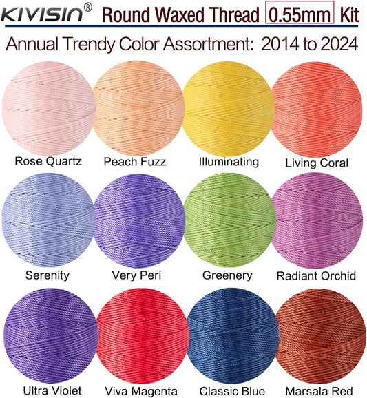 10-Year Popular Assorted Colors Round Waxed Thread -0.55mm 70 Yards 12 Spools Stiff Polyester Wax Cord for Beading, Leather Sewing, Bookbinding, Bracelets Braiding, Micro Macrame Craft Making