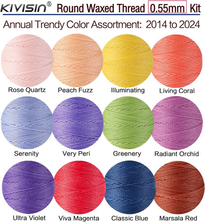 10-Year Popular Assorted Colors Round Waxed Thread -0.55mm 70 Yards 12 Spools Stiff Polyester Wax Cord for Beading, Leather Sewing, Bookbinding, Bracelets Braiding, Micro Macrame Craft Making