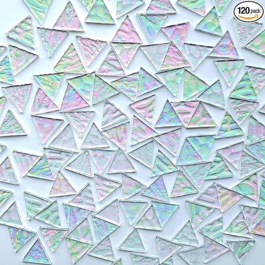120 Pieces 1 Inch Triangles (White Clear Iridescent) Stained Glass for DIY Crafts, Precut Mosaic Tiles Bulk - Mosaic Kits, Windows, Art Projects - Stained Glass Pieces for Beginners