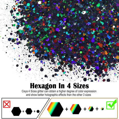 Ceya Holographic Chunky Glitter, 4.9oz/ 140g Black Craft Glitter Powder Mixed Chunky Fine Flakes Iridescent Nail Sequins for Nail Art, Hair, Epoxy Resin, Tumblers, Slime, Painting, Festival Decor