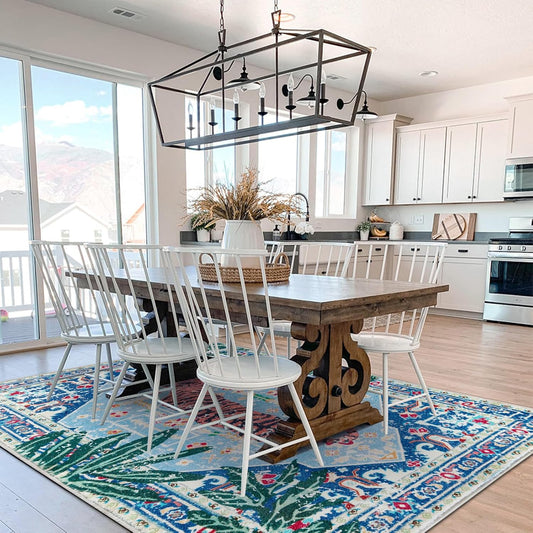 Washable Blue Rugs Thin Oriental Boho Vintage Tropical Jungle 8x10 Area Rugs for Bedroom Kitchen Dining Living Room Office Distressed Indoor Large Carpet