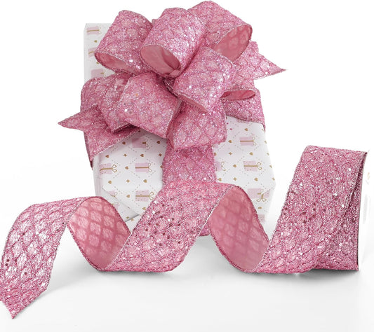 HUIHUANG Pink Glitter Wired Ribbon for Christmas Tree 2.5 inch Light Pink Diamond Mesh Wire Ribbon for Tree Decoration, Wreaths, Garland, Gift Wrapping, Bows Making, Home Decor -10 Yards - Crafty Corner
