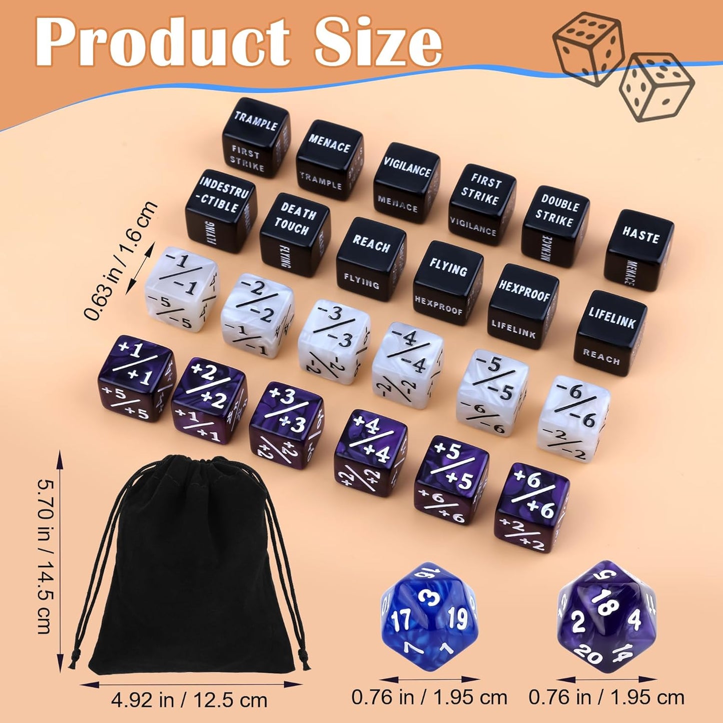 50PCS MTG Dice Counters, 24PCS Abilities Keywords/ 24P -1/+1 Buff Tokens/ 2P D20 Cube Dices/Storage Bag, MTG Counters for TCG Card Games