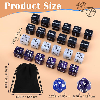 50PCS MTG Dice Counters, 24PCS Abilities Keywords/ 24P -1/+1 Buff Tokens/ 2P D20 Cube Dices/Storage Bag, MTG Counters for TCG Card Games