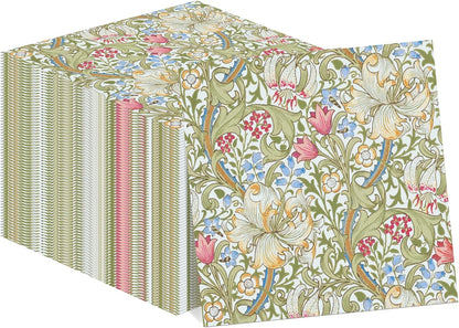 William Morris Party Napkins, 40PCS Greenery Floral Paper Napkins Disposable, Golden Lily White Green Wildflowers Party Supplies for Wedding Bridal Shower Theme Birthday Party Decorations 6.5 Inch