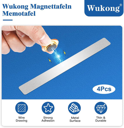 Wukong 4 Pack | 30x3cm(11.81 x 1.18) Magnetic Stainless Silver Boards Strips, Adhesive Backing Bulletin Bar Board, Memo Board with 16Pcs Colorful Magnets for Office, Home, Photo Wall, Document
