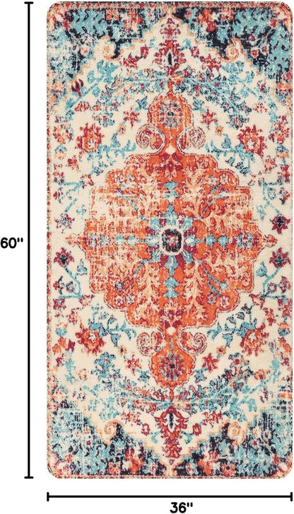 Lahome Bohemian Floral Medallion Area Rug - 3x5 Bedroom Rug Soft Throw Printed Bathroom Kitchen Entry Foyer Mat, Vintage Non-Slip Washable Carpet for Front Door Laundry Room Bath Office, Orange