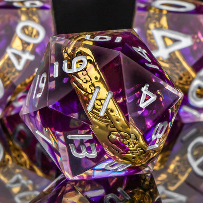 OUKELANWO Magic Lord Rings DND Dice Set with Box, 7Pcs Resin LOTR D&D Dice Set for Role Playing Game, Purple Dungeons Dragons D and D Sharp Edge Dice D20 D12 D10 D8 D6 D4