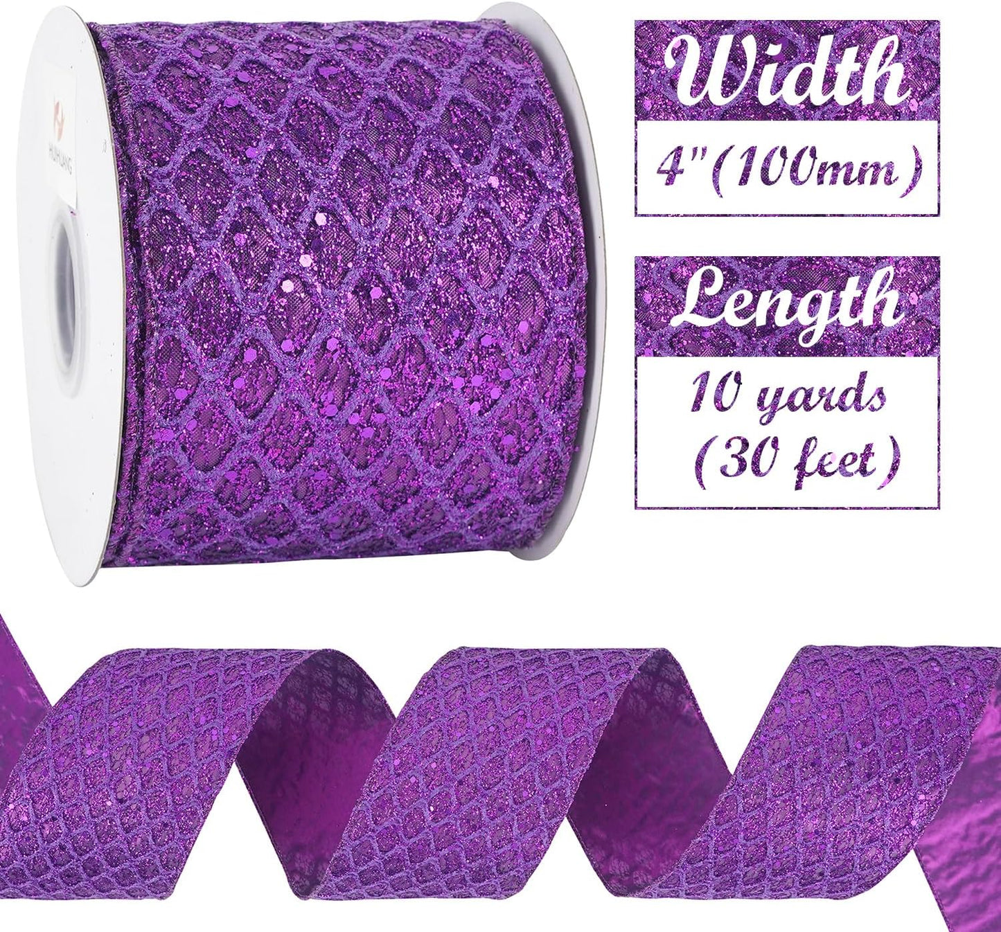 HUIHUANG Purple Wired Christmas Ribbon 4 inch Purple Glitter Wired Ribbon Diamond Mesh Wire Ribbon for X-mas Tree Decorations, Wreaths, Garland, Large Bows Making, Home Decor -10 Yards - Crafty Corner