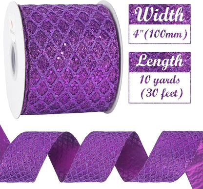 HUIHUANG Purple Wired Christmas Ribbon 4 inch Purple Glitter Wired Ribbon Diamond Mesh Wire Ribbon for X-mas Tree Decorations, Wreaths, Garland, Large Bows Making, Home Decor -10 Yards - Crafty Corner