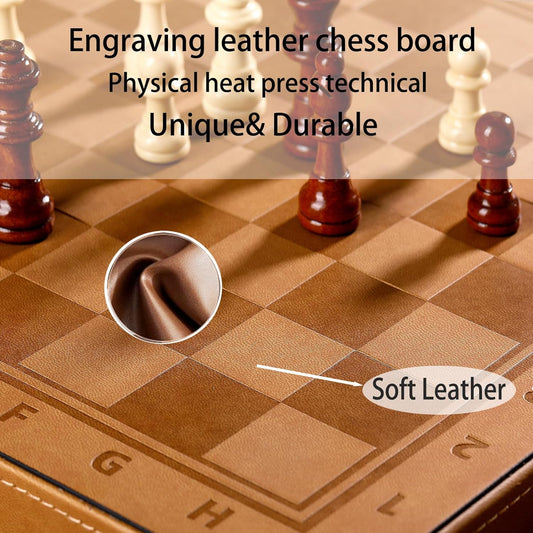 15" Magnetic Chess Set & Checkers Set 2 in 1,Rinten Leather Portable Travel Chess Board Game Sets with Velvet Bag Packaging Beginner Large Chess Set for Kids and Adults