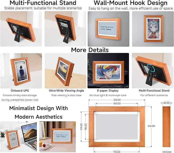 7.3inch E6 Full Color E-Paper with Solid Wood Photo Frame, 800×480 Resolution, Compatible with Raspberry Pi Zero, Ultra-Long Standby, Bundle with Pi Zero 2 WHC, with Batt.