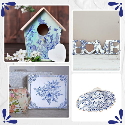 Crtiin 36 Pack 9 Styles Decoupage Napkins Assorted Floral Decorative Decoupage Napkins Chinoiserie Cocktail Paper for DIY Crafting Birthday Party, Each Unfolded 13 Inch(Blue Floral)