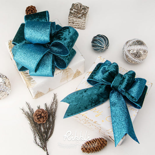 Ribbli Turquoise Blue Velvet Wired Ribbon 2.5 Inch Teal Velvet with Turquoise Blue Glitter Christmas Ribbon for Christmas Tree Decoration Big Bow Gift Wrapping Crafts Wreaths Supplies- 10 Yards - Crafty Corner