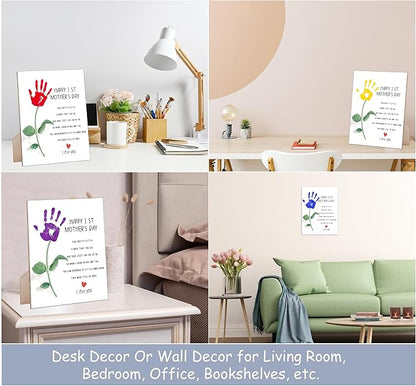 rorusio Happy First Mothers Day DIY Handprint Art Wooden Sign with Stand and Hook, 9x12 Inch, Flower Poem Mother Day Crafts Keepsake, Personalized Gifts for Mom MaMa from Husband Daughter & Son