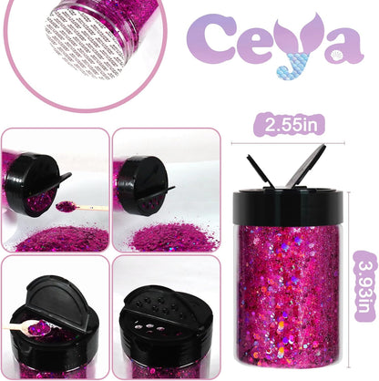 Ceya Holographic Chunky Glitter, 4.9oz/ 140g Fuchsia Craft Glitter Powder Mixed Chunky & Fine Flakes Iridescent Nail Sequins for Nail Art, Hair, Epoxy Resin, Tumblers, Slime, Painting, Festival Decor