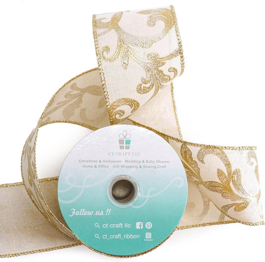 CT CRAFT LLC Tan Burlap Gold Swirl Wired Ribbon 2.5 Inch x 10 Yards for Christmas Home Decor Tree Topper Bow Gift Wrapping DIY Crafts Wreath Garland - Crafty Corner
