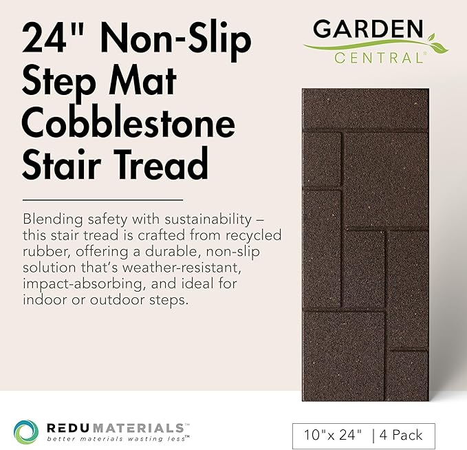 Garden Central 4-Pack 24”x10” Fake Cobblestone Rubber Stair Treads, Rectangular, Brown – Reversible Non-Slip Faux Stepping Stones for Landscaping Pathways – DIY Decor for Indoor & Outdoor Steps