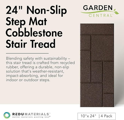 Garden Central 4-Pack 24”x10” Fake Cobblestone Rubber Stair Treads, Rectangular, Brown – Reversible Non-Slip Faux Stepping Stones for Landscaping Pathways – DIY Decor for Indoor & Outdoor Steps