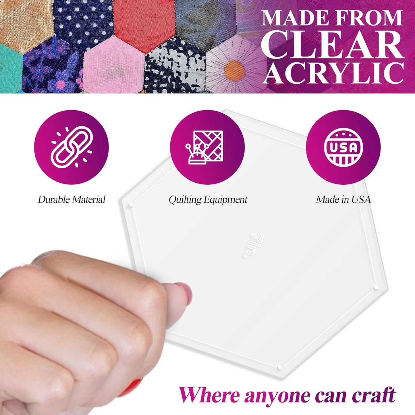 Hexagon Quilting Template Set - 7" with 1/4" Seam Allowance - Durable Acrylic Templates for Quilting, Patchwork, Crafting, & Sewing Projects - Clear Templates for Accurate Designing